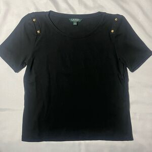Lauren Ralph Lauren Button Shoulder Short Sleeve Tee Shirt Black Size XL READ